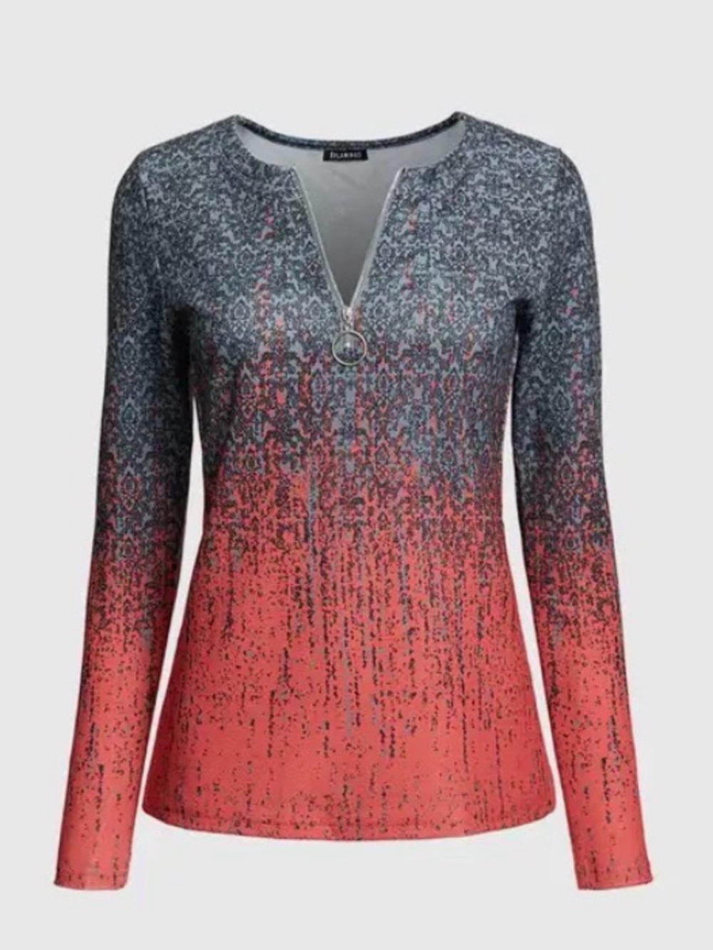 Long-Sleeve Ombre Zip V-Neck Top - Coral & Gray